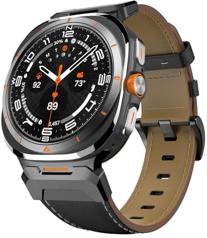 TiMOVO Pulsera de cuero auténtico compatible con Samsung Galaxy Watch Ultra 47mm(2025/2024), Correa de cuero resistente con conector metálico para Galaxy Watch Ultra, Negro