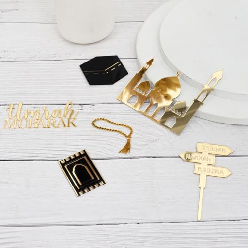 Paxrmuky Golden Muslim Umrah Mubarak Topper Hajj Mubarak Kuchen Topper und Charm Set von 6pcs