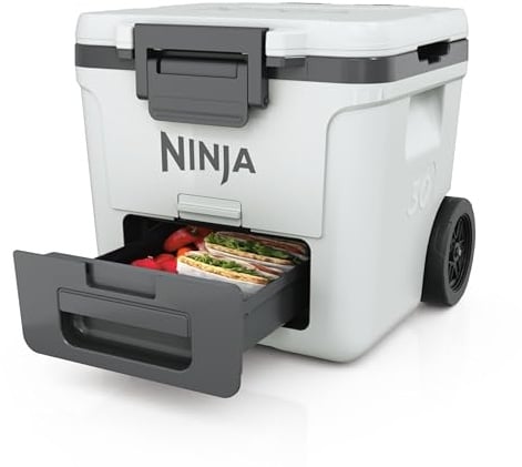 Ninja FrostVault Kühlbox mit Rollen und Isolierung, integrierter Dry Zone Schublade für Lagerung bei Kühlschranktemperatur, hält EIS tagelang, bietet Platz für bis zu 48 Dosen, Wolkenweiß, FB230EUWH