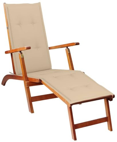 Myheimly Akazienholz Massiv Liegestuhl mit Fußstütze Auflage Deckchair Holzliege Gartenmöbel Liege Relaxliege Gartenliege Sonnenliege Beige