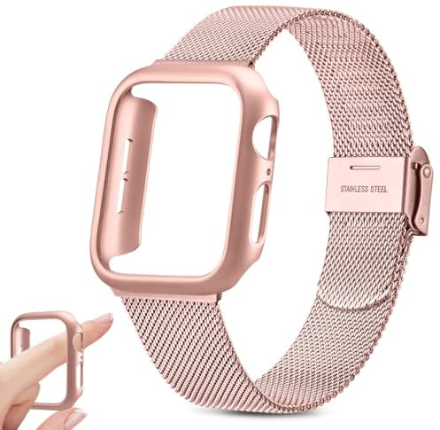 Yisica Cinturino per Apple Watch 42mm, Custodia Rigida Protettivo Cover, Metallo in Acciaio Inossidabile Cinturini Magnetico per iWatch 3/2/1 (Oro Rosa & Cinturino Rosa, 42MM)