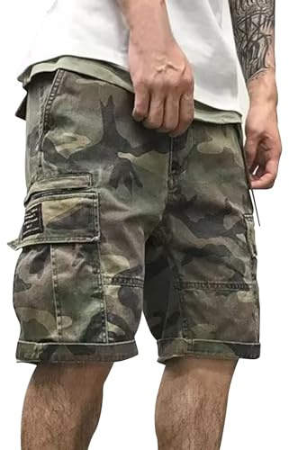 tacniseyw Cargo Shorts for Men UK Combat Camouflage Comfort Shorts Elasticated Waist Knee Length Tactical Pants with Multi Pockets Breathable Lightweight Functional Cropped Trousers for Outdoor