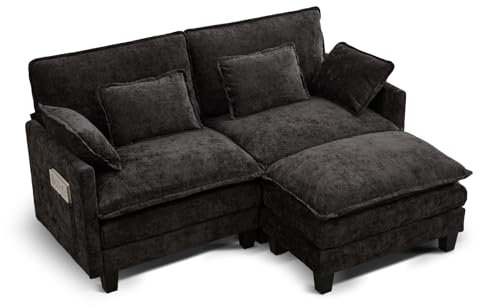 SAMERY Ecksofa Modulares Sofa Couch L Form mit Polsterhocker Big Sofa 2 Sitzer Wohnlandschaft L-Form Eckcouch Schlafsofa Wohnzimmer Schlafzimmer MöBel mit 4 Kissen (Schwarz, 197CM - L Form)