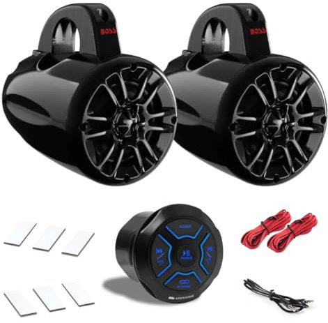 KIT SET MARINO BOSS AUDIO SYSTEMS MG150T.4 con 2 diffusori a 2 vie, 200 watt rms 400 watt max, impermeabili, e 1 lettore digitale, audio streaming, bluetooth integrato, waterproof, venduto come kit