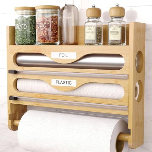 Byfoyif Porta Pellicola e Alluminio in Legno Dispenser Alluminio e Pellicola 4 in 1 Porta Rotolo Pellicola Trasparente in Legno con Taglierina Scorrevole, Dispenser per Pellicola Trasparente