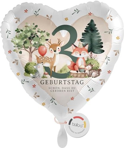 balloa Herzballon 3 Jahre Waldtiere Reh Fuchs Igel, Folienballon, 33 cm | Waldtiere-Design mit Reh, Fuchs und Igel, Herzform, heliumgeeignet, ungefüllt, Deko zum 3. Kindergeburtstag