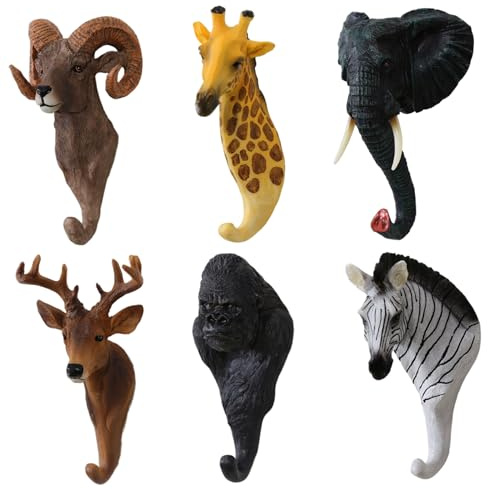 Gcroet Tier-Wandhaken im 6er-Pack, Vintage-Tierkopf-Wanddekoration, Schlüsselhalter aus Kunstharz, dekorative Kleiderhaken für die Inneneinrichtung..