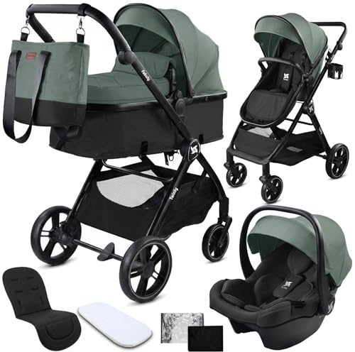 Twinly Kinderwagen 3 in 1 Komplettset – Leichter Kombikinderwagen ab Geburt – inkl. Babyschale, Wanne & Buggy – Mit Regenschutz, Moskitonetz & Getränkehalter- FABULY – Faltbar & Kompakt – [grün]