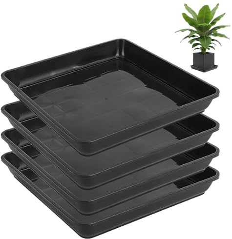 LOMUG Pflanzenuntersetzer Eckig 29 x 29 cm, 4er Set Blumentopf-Untersetzer aus Kunststoff, Schwarze Pflanzschale für Blumentöpfe und Pflanzkübel, Flach, für Innen- und Außenbereich