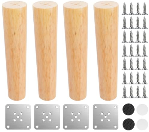 4 Stück Möbelfüße Holz Tischbeine Holz Möbelbeine Holzbeine, Konisch Ersatz Holzfüße Sofafüße für Kommodenfüße Schrankbeine Schrank Füße Bett Stuhl Regal Füße Schrankfüße, mit Platten/Pads/Schrauben