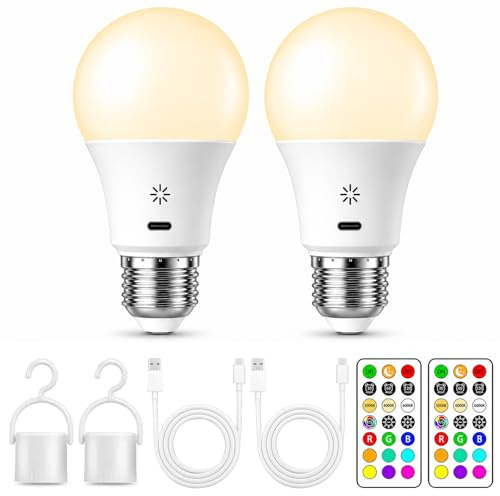 Rechargeable Light Bulbs with Remote & Touch, 2200mAh Battery Bulb, 2 Pack | 3 Colour Temperatures, 9 RGB Mode, Dimmable, 3 Timers, Night Light, Hook, Wireless E27 Screw Bulb for Lamps Without Power