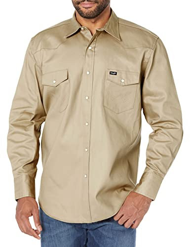 Wrangler Men's Cowboy Cut Western Long Sleeve Snap Work Shirt Firm Finish Shirt, Khaki, M
