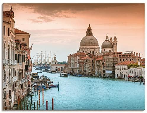 ARTLAND Wanddeko Leinwand Bilder Wandbild 80 x 60 cm Italien Venedig Canal Grande Gondeln Barock Kirche Santa Maria Q7SF