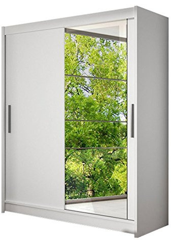 Schwebetürenschrank Presto VI Kleiderschrank mit Spiegel, Modernes Schlafzimmerschrank, Schiebetürenschrank, Garderobe, Schlafzimmer (Weiß)