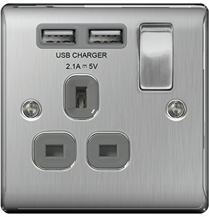 BG Brushed Steel Light Switches & Sockets - Full Range Satin Chrome Grey Inserts (NBS21U2G - 1 Gang + 2 USB (2.1A), Grey Insert)