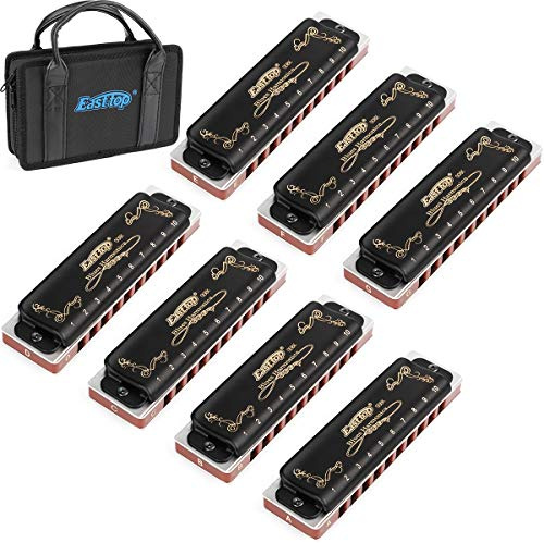 Eison-East Top Mundharmonika-Set, 7 Tonarten in Tonart A, B, C, D, E, F, G, 10 Loch, 20 Töne, mit Tasche und Reinigungstuch für Erwachsene, professionelle Spieler, Anfänger, robust, schwarz