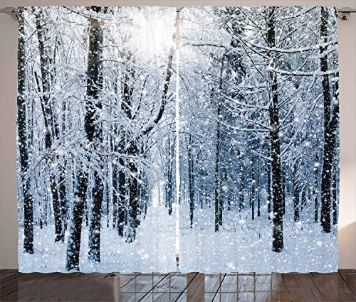 ABAKUHAUS Winter Rustikaler Gardine, Schnee bedeckte Wald, Schlafzimmer Kräuselband Vorhang mit Schlaufen und Haken, 280 x 225 cm, Blaugrau Weiß Schwarz