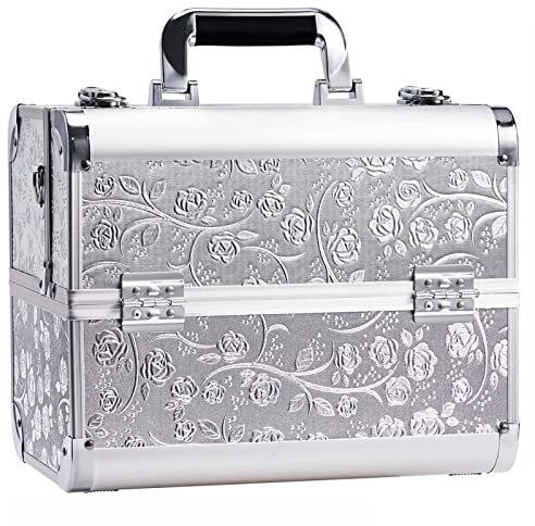 Professional Vanity Case Make Up Case Large Makeup Box Beauty Organiser Cosmetic Makeup Organiser Box 4 Trays Lockable Lock with Keys, Silver Rose