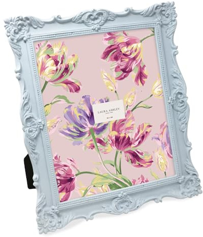 Laura Ashley 8x10 Powder Blue Ornate Textured Hand-Crafted Resin Picture Frame w/Easel & Hook for Tabletop & Wall Display, Decorative Floral Design Home Décor, Photo Gallery, Art (8x10, Powder Blue)