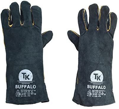 TK Buffalo -12 Paar Set - Schweißerhandschuhe, Grillhandschuhe, Feuerfeste Handschuhe, Baumwollgefüttertes Leder, Doppelnähte, Schutzhandschuhe für Kamin, BBQ, Grill, Herd, Schwarz, Gr. 10