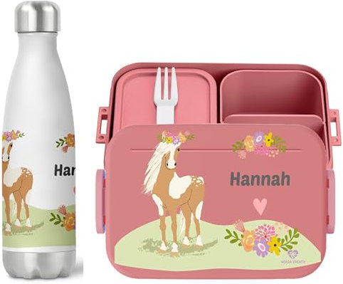 wolga-kreativ Pausenset personalisierte Brotdose Mädchen und Trinkflasche Thermo Kinder Edelstahl mit Pferd Pony Bento Lunchbox mit Fächern und Unterteilung für Schule und Kindergarten