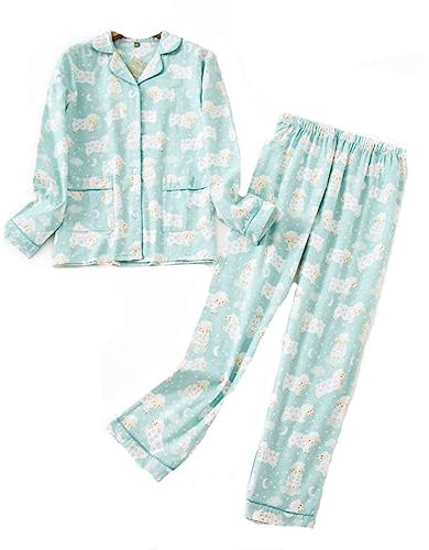 DSKK Ensemble de Pyjama pour Femme Flanelle Coton Confortable Boutonné Manches Longues Chemise et Pantalons (Bleu,L)