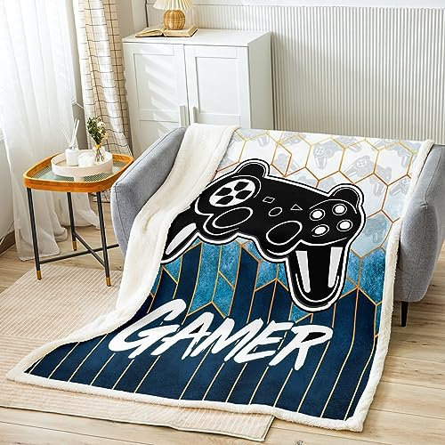 Gamer Fleece Throw Blanket Video Game Gamepad CCCCCs and Throws for Kids Boys Girls Geometric Sherpa Blanket Gaming for Bed Sofa King 87x94 Inch Teal