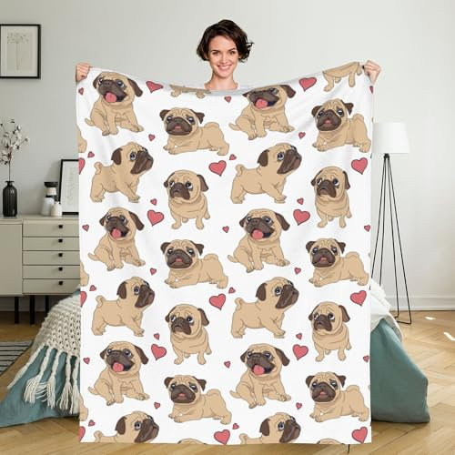 Flanell-Fleece-Überwurfdecke, lustiger Cartoon-Mops, leichte Überwurfdecke, Reisedecke, gemütlich, Plüsch, warme Decken mit 45.7 x 45.7 cm, Kissenbezug für Schlafzimmer, Büro, 202 x 152.4 cm