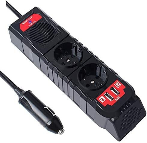 BYGD Inversor de Corriente 150W/300W, Convertidor de Voltaje de Coche,Transformador 12V a 230V con 2 Salidas USB, 2 AC Tomas Y Encendedor, Adaptador de Toma de mechero para Barco, Caravana,Coche