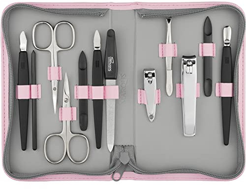 Kit manucure Solingen 12 pièces - kit ongle, coupe ongle, limes a ongles professionnelle, pince a epiler, repousse ongles, pousse cuticule, étui en simili-cuir de haute qualité