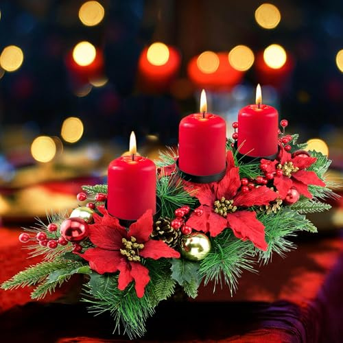 YULETIME 28 Christmas Triple Candelabrum, Holiday Candle Holder with Three Trays, Poinsettia, Red and Gold Baubles, Natural Pine Cones, Red Berries, Leaves Holly, Spruce Branches