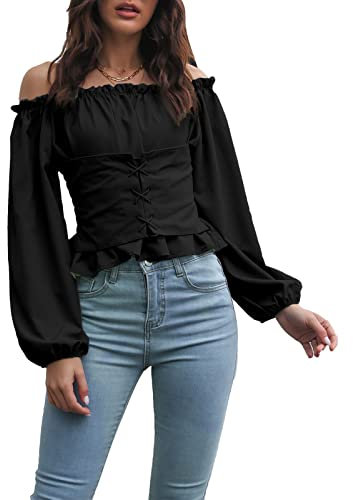 Damen Renaissance Bluse Steampunk Victorian Shirt Langarm Schulterfrei Tops mit Puffärmel Casualshirt Oberteil(L-Schwarz)