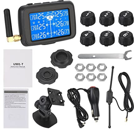 MURRAYLE Auto-Wireless-Reifendrucküberwachungssystem Mit 6 Externen Sensoren Austauschbarer Batterie Digital LCD Auto-Truck Anzeigen Bus TPMS. (Type : Black)
