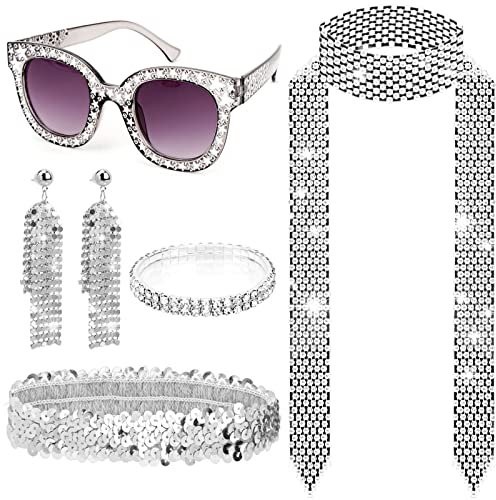 HOWAF 5 Disco Accessoires 70er Jahre Kostüm Glitzer Haarbänder Disco Haarband Sonnenbrille Strass Halskette Pailletten Ohrringe Armband 70er 80er Jahre Fasching Karneval Kostüm Cosplay Costumes