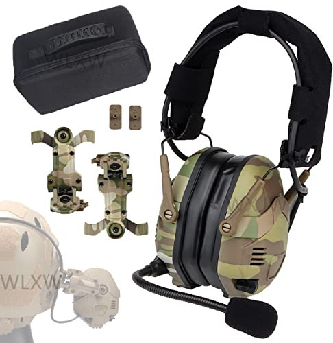 WLXW Casque Tactique Militaire Rétractable (Rechargeable Bluetooth), Casque Antibruit Airsoft, Microphone Radio avec Cache-Oreilles en Silicone,CP