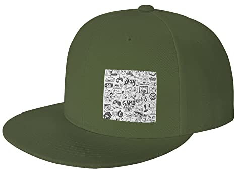 lYonge Monochrome Sketch Style Gaming Flat Brim Baseball Cap Unisex Hip Hop Dancing Adjustable Snapback Hat, Moss Green, One Size