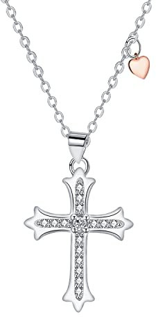 J.MUEN Damen Halskette mit Kreuz Anhänger Herz, 925 Sterling Silber Halskette Geschenk Schmuck für Frauen Mädchen