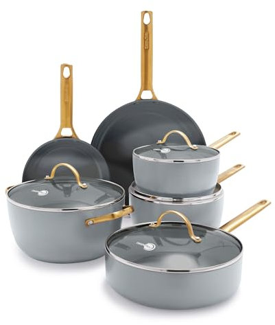 GreenPan Reserve Hard Anodized Healthy Ceramic Nonstick 8 Piece Cookware Pots and Pans Set, Gold-Tone Stainless Steel Handles, PFAS & PFOA-Free, Dishwasher Safe, Oven & Broiler Safe, Charcoal