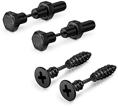JOVIVI Mens Black Stud Earrings, 16G Punk Stainless Steel Screw Earrings, Hypoallergenic Piercing Jewellery for Men Women Boys Girls
