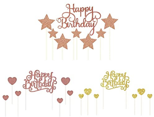 TSLRSA 3 Set Tortendekoration, Tortendekoration Geburtstag, Tortendekoration Stern Herz Cupcake Topper, Glitzertorten Topper Happy Birthday, Herz Stern Kuchen Cupcake Torten Topper Partyhüte (Set)