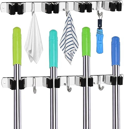 Colgador Escobas y Fregonas, DoDuo 2 Piezas Soporte de Escobas con 4 Posiciones y 3 Ganchos Adhesivo Soporte Escobas Pared Acero Inoxidable para Cocina Baño Garaje Jardín