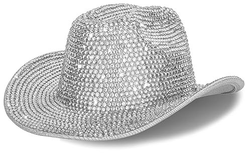 HinyBoeh Chapeau de cowboy holographique argenté pour femme – Chapeau de cowboy occidental pailleté pour fête de plage, festivals de musique, Argent avec strass, Taille M