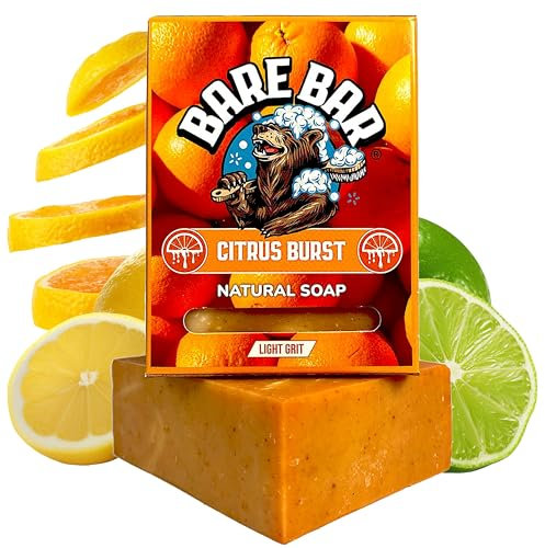 Mens Soap - Bare Bar - Natural Mens soap bar UK - Handcrafted Exfoliating Cold Process Natural Body Soap bar for Men - Vegan, Plastic Free, Cruelty Free, 142g, hand soap (Citrus Burst)