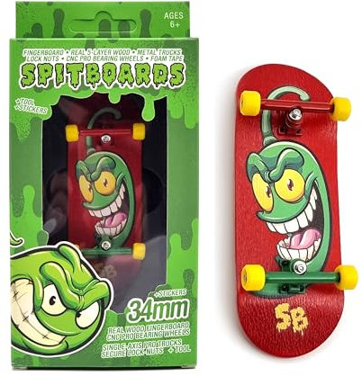 SPITBOARDS 34mm x 96mm Pro Fingerboard Set-Up (Complete) | Real Wood Deck | Pro Trucks with Lock-Nuts and Pro Bushings | Polyurethane Pro Wheels with Bearings | Green Chilly