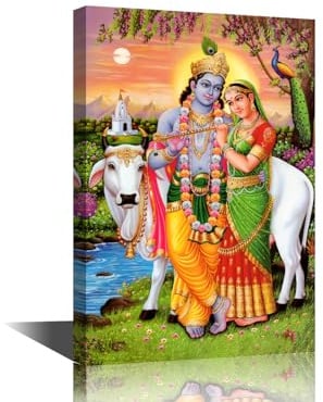 Hindu-Gott-Bilder für Schlafzimmer, Lord Radha Krishna, Wanddekoration, Hinduismus, kulturelle Leinwand, Wandkunst, 1 Stück, Lord Radha Krishna, Wandkunst, Poster und Druck, gerahmt, fertig zum