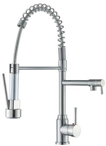 TVTIUO Grifo de cocina con muelle en espiral, grifos giratorios 360° con dos boquillas, ducha extraíble, níquel cepillado