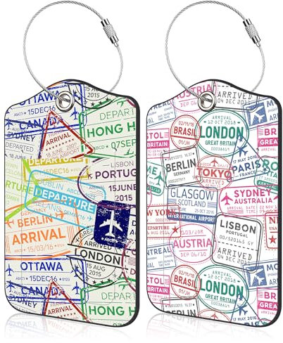 Kreative Reisepass-Stempel, Gepäckanhänger, Set mit 2 bunten Visa-Stempeln, PU-Leder, Reisegepäckanhänger mit Sichtschutz und Edelstahlschlaufe für Teenager, Erwachsene, Reisetasche, Koffer