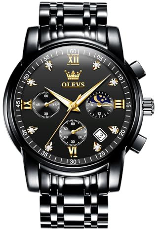 OLEVS Schwarz Armbanduhr Herren Edelstahl Modern Wasserdicht Uhren Herren mit Datum Mondphase Analog Kleid Uhren für Männer Metallarmband Leuchtende Chronograph Herrenuhren Großes Zifferblatt