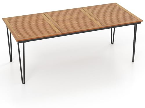GIANTEX Gartentisch Esszimmertisch Akazienholz, Garten Esstisch für 8 Personen, Rechteckiger Küchentisch Biertisch mit Schirmloch, Massivholztisch mit Metallgestell, Terrassentisch(parallel)
