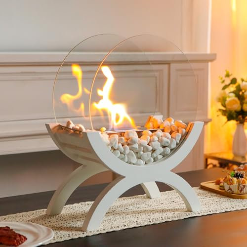 JHY DESIGN Camino rotondo da tavolo grande, 43 cm di altezza, combustione pulita, bioetanolo, senza ventilazione, braciere per interni ed esterni, regali, feste, eventi, matrimoni (base in legno